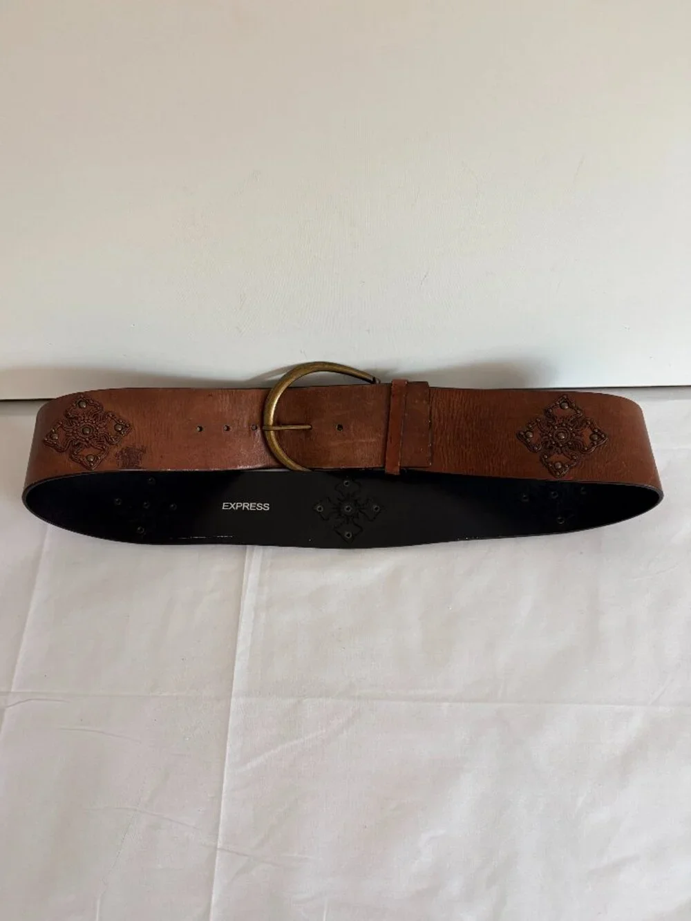 Express Women's Belts Wide Distressed Genuine Leather Studs Boho Brown Size L